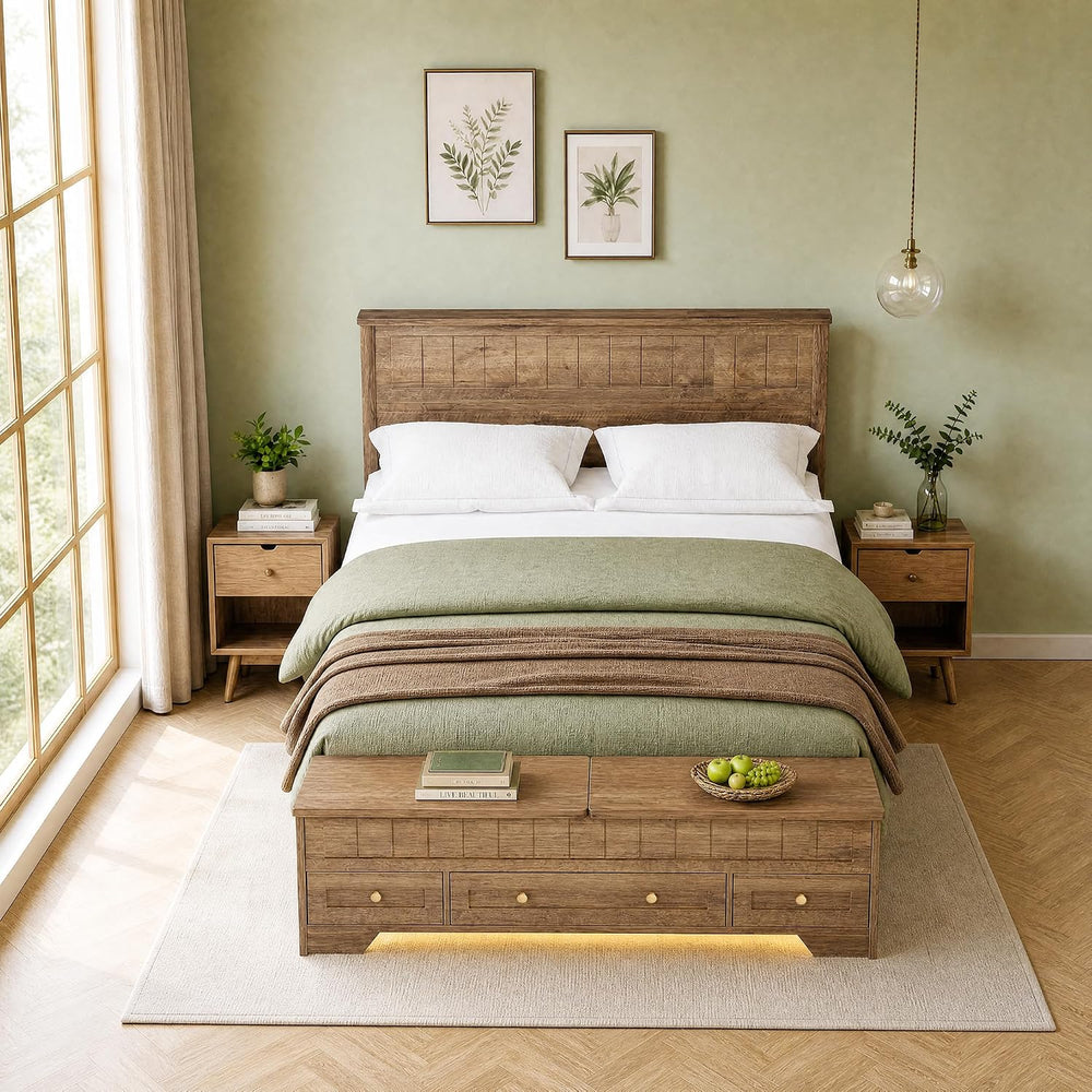 Farmhouse Queen Bed Frame with Headboard and Storage Bench (Rustic Brown)