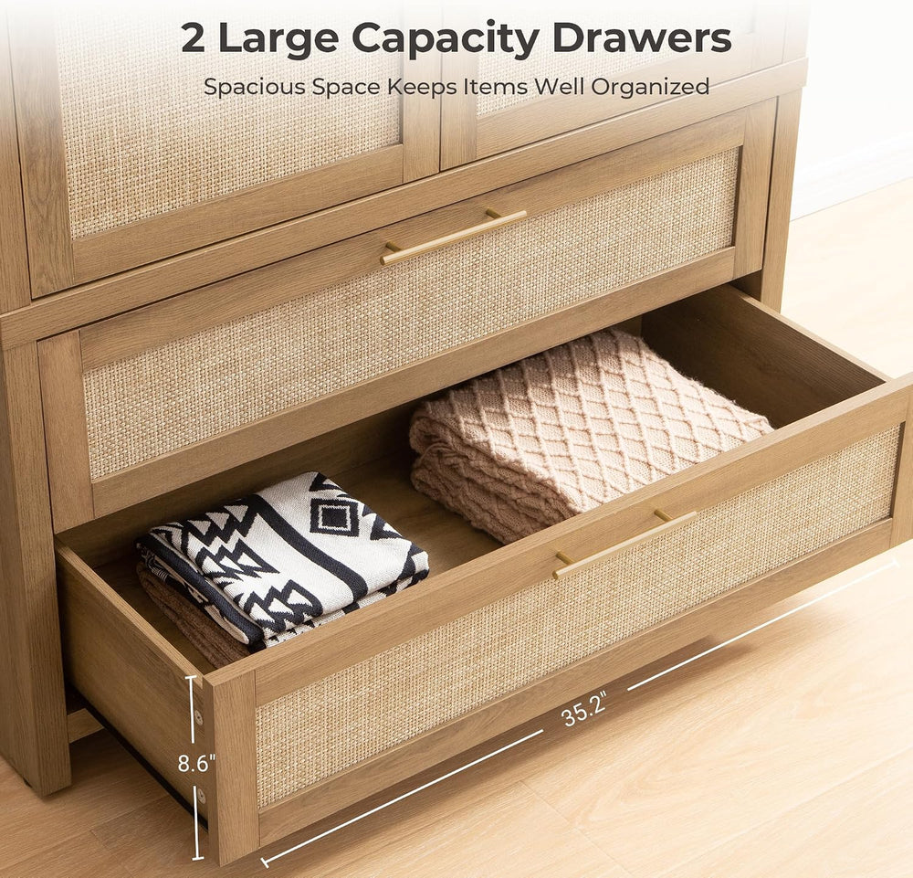 SICOTAS 71 inch Armoire Wardrobe Closet, Rattan Boho Wardrobe with Drawers