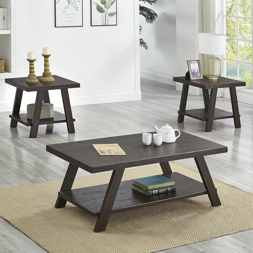 Roundhill Furniture Athens Contemporary 3-Piece Wood Shelf Coffee Table Set, ...