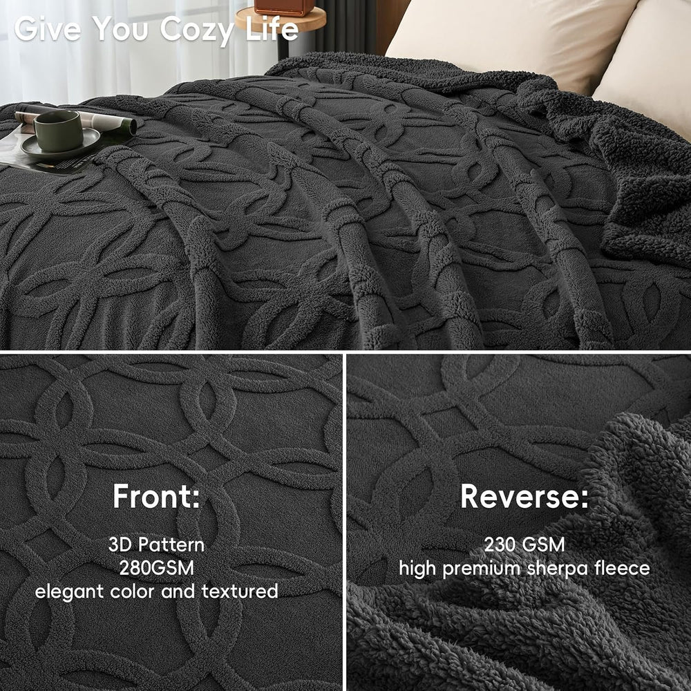 PHF Soft Sherpa Fleece Blanket Queen, Tufted Jacquard, 01-Dark Grey