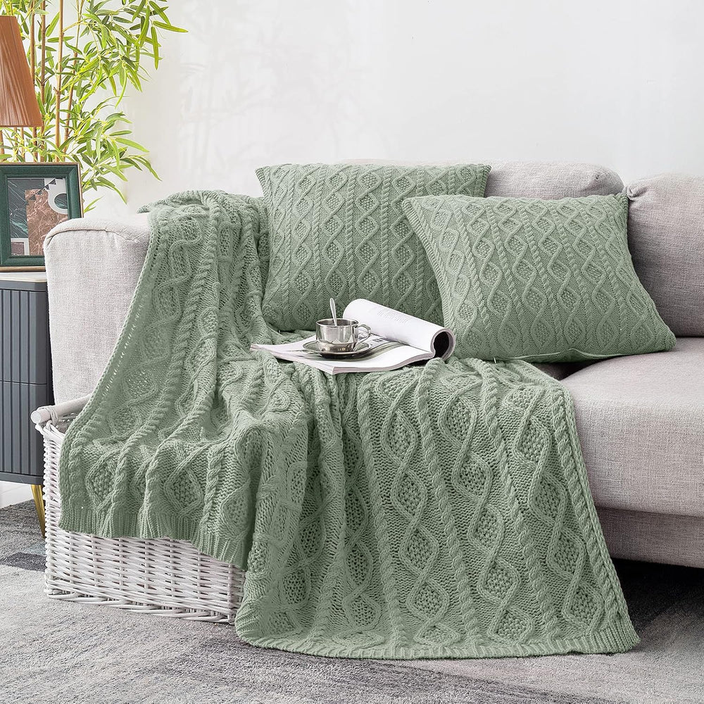 Homiest Sage Green Cable Knit Throw Blanket Set of 3, with 2 Pillow Covers