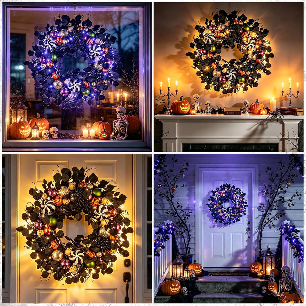 JORNOY 30-Inch Halloween Wreath with Battery Timer - Spider, Balls, Skull