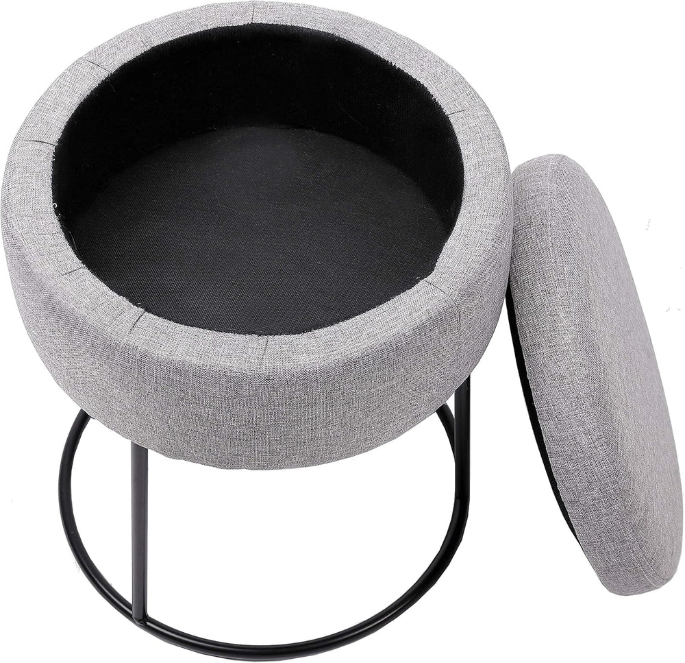 BIRDROCK HOME Grey Linen Storage Stool Ottoman w/Black Metal Leg Base, Soft C...
