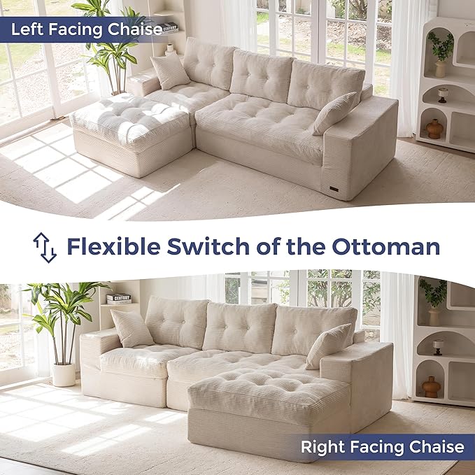 MAXYOYO 104" L Shaped Modular Sectional Sofa with Ottoman, Cloud Boneles...