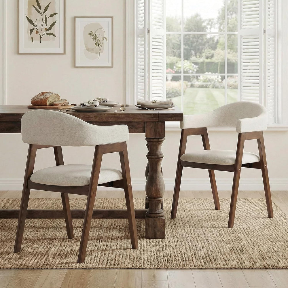 VKNOW Wooden Barrel Dining Chairs Set of 2 with Arms and Curved Back, Beige
