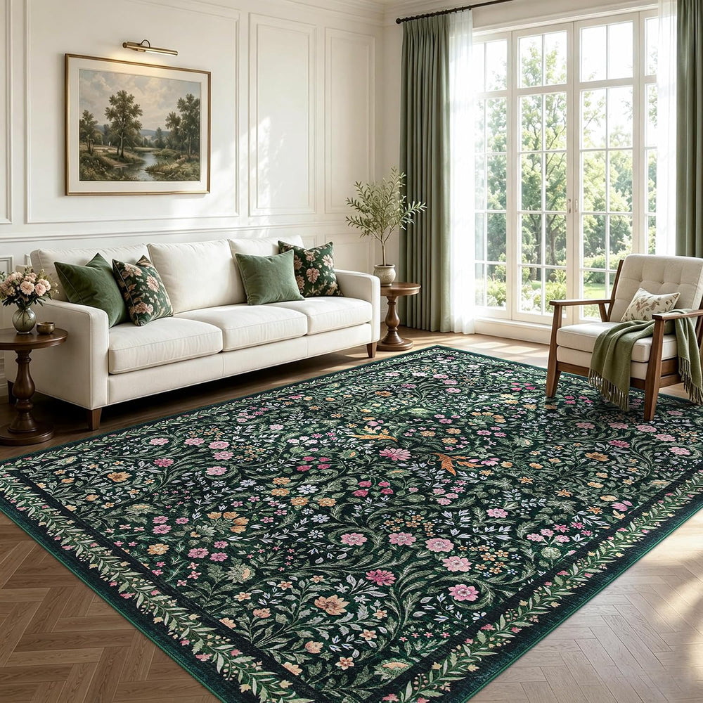 Tosuoka 6x9 Area Rugs Washable Floral Rug Boho Dark Green Carpet Farmhouse