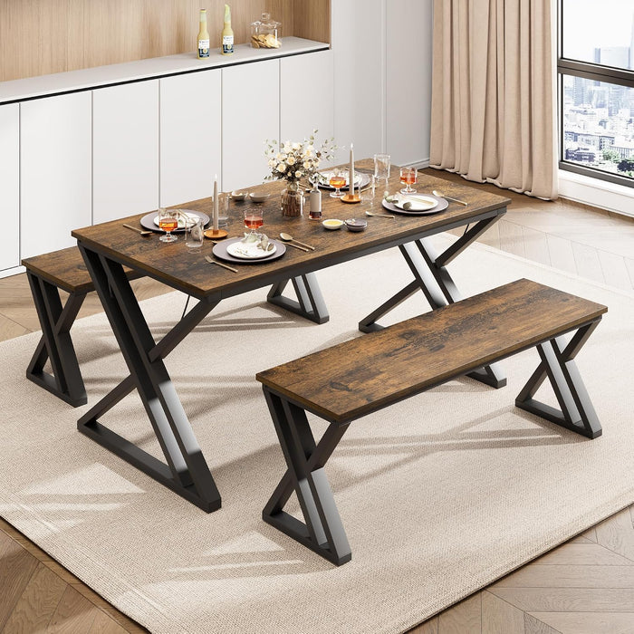GarveeHome Kitchen Table with 2 Benches, Dining Table Set for 4,Brown