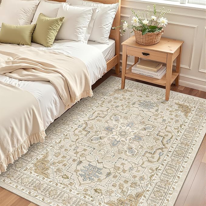Madane Area Rug 4x6 Washable Rugs: Vintage Living Room Rug Soft Low Pile Non