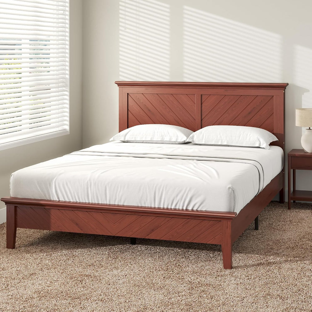 Lifezone Solid Acacia Wood Queen Bed Frame with Headboard Cherry Finish