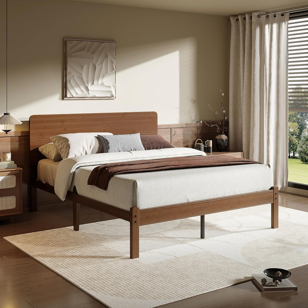 14" Solid Bamboo Wood Queen Bed Frames with Headboard, Brown