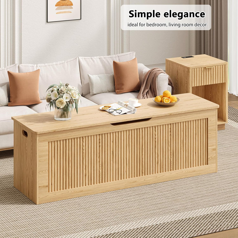 Akxomel 51.2" Fluted Storage Chest Wooden Storage Trunk 2 Safety Hinges ...