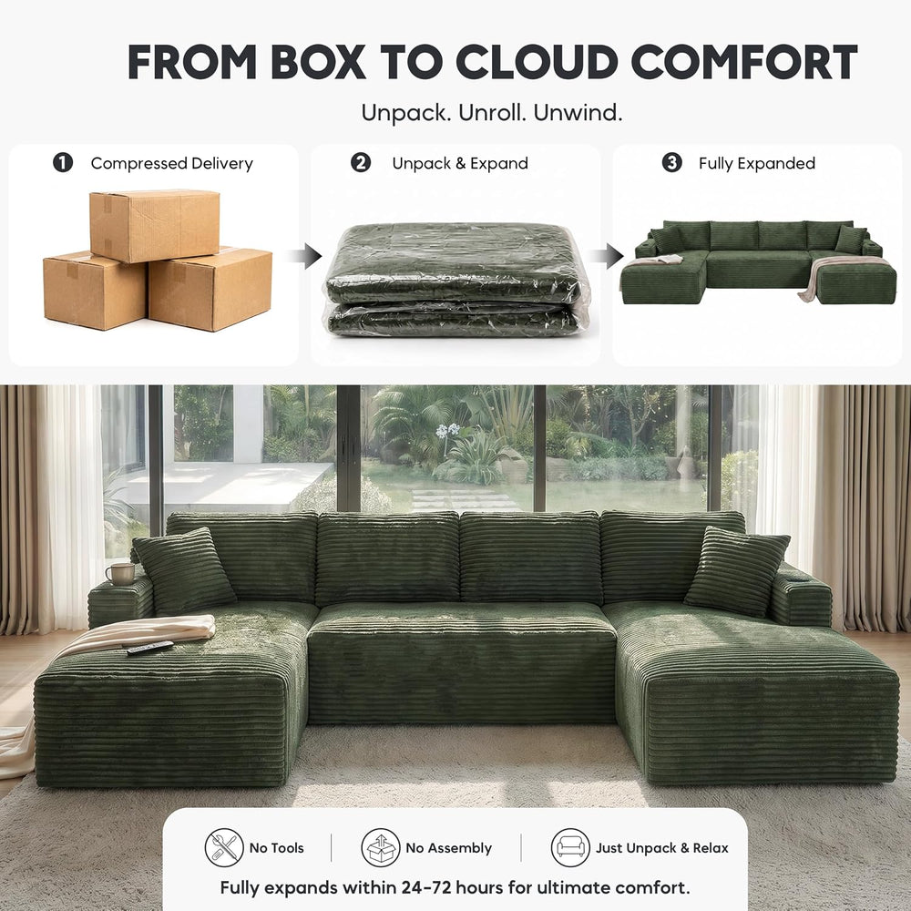 133" U-Shaped Modular Sectional Sofa, Corduroy Boneless Couch, Green | C...