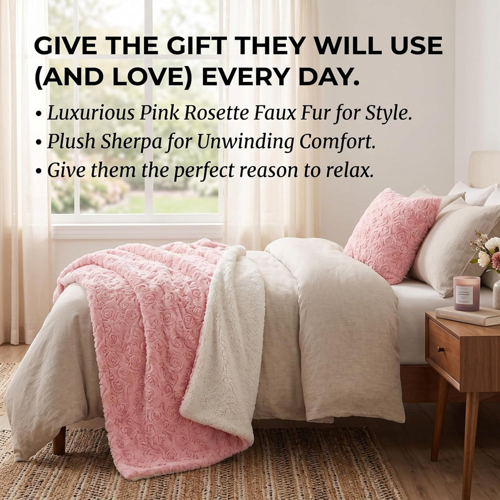 DaDa Bedding Pink Faux Fur Sherpa Blanket, 90 x 90 Inches