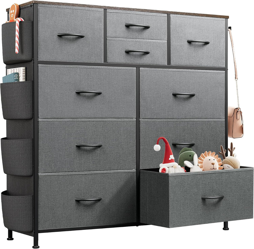 WLIVE 10 Drawer Fabric Dresser for Bedroom, Side Pocket Chest, Dark Grey