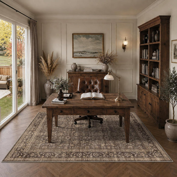 6x9 Brown Vintage Boho Washable Area Rug, Soft Low Pile Floor Carpet
