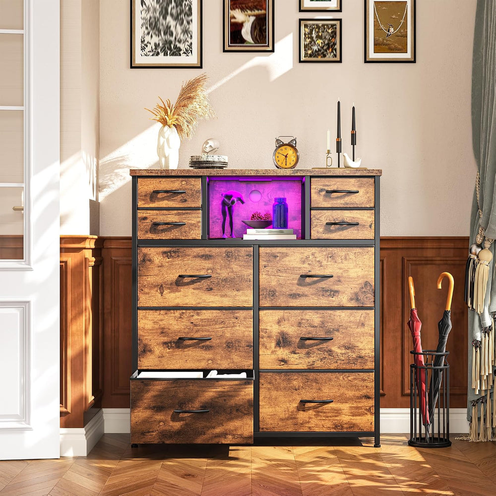 10-Drawer Tall Dresser for Bedroom, LED & Charging Station, Brown