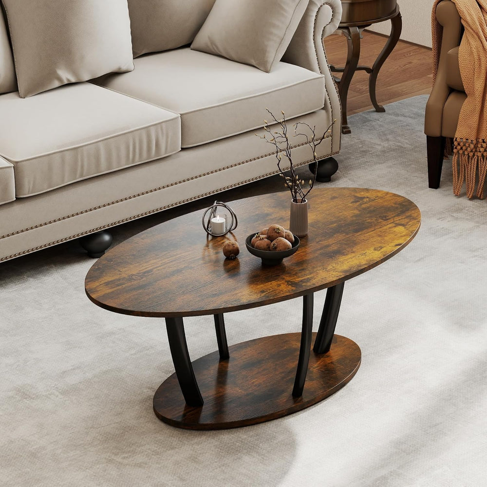 Manora Rustic Small Oval Coffee Table for Living Room, Narrow Wood Center Tab...
