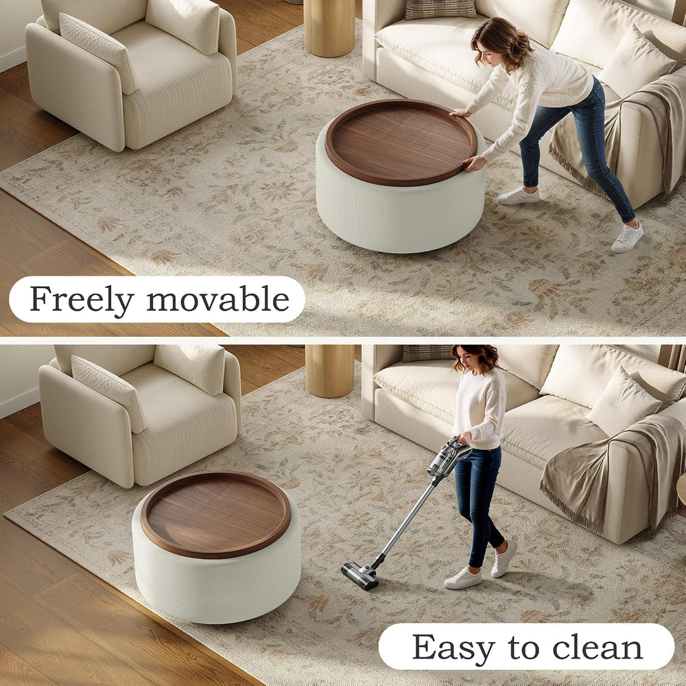 Round Storage Ottoman Coffee Table with Walnut Tray, 30'' Round Ottom...