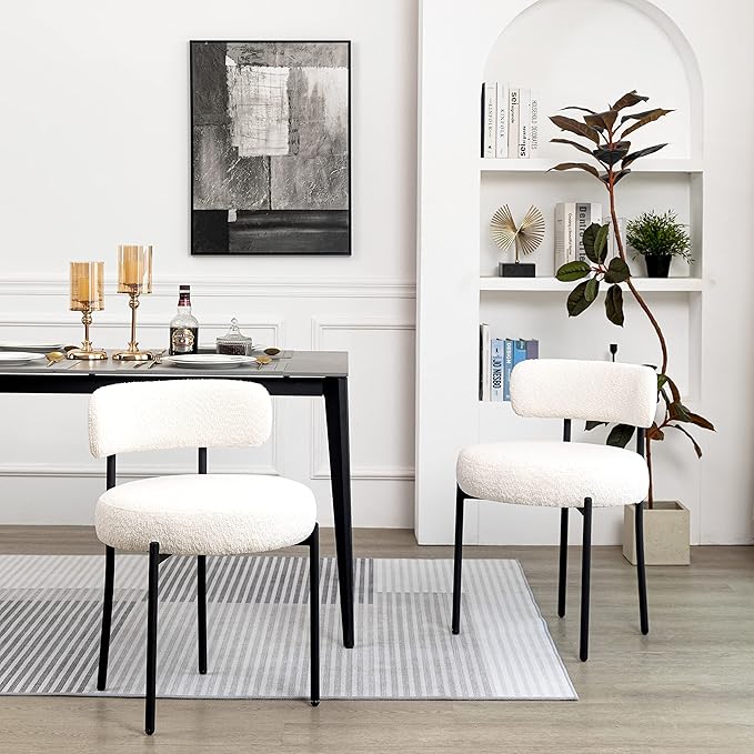 DYHOME White Boucle Dining Chairs Set of 6, Mid Century Modern Dining Room Ch...