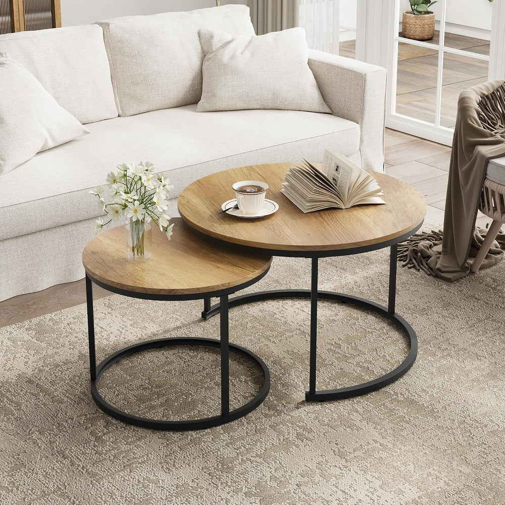 Smuxee Nesting Coffee Table Set of 2, 27.6" Round Coffee Table Wood Grai...