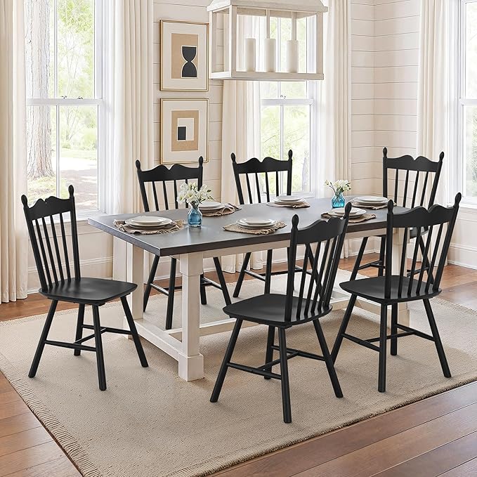 LUE BONA Black Dining Chairs Set of 6, Windsor Wooden Dining Chair with Thick...
