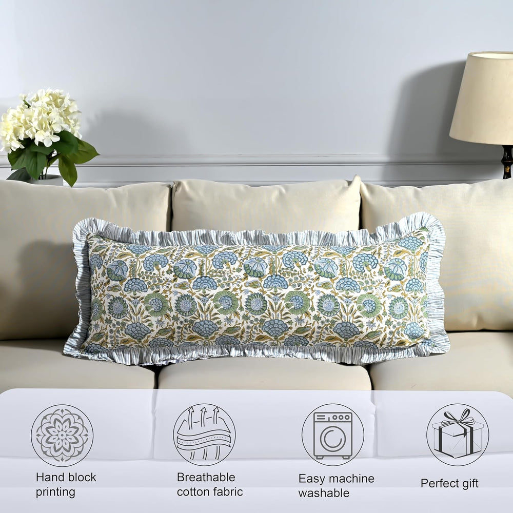 Ridhi Asparagus Green Block Print Ruffle Pillow Sham 36x14 Inch Set of 1
