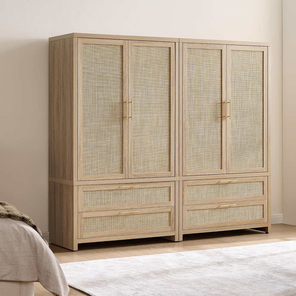 SICOTAS 71 inch Rattan Wardrobe Closet, Boho Armoire Wardrobe with Drawers