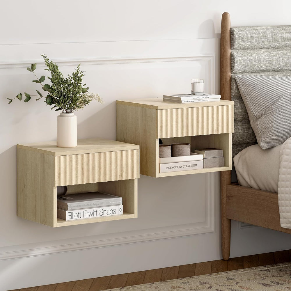 Floating Nightstand Set of 2 with Drawer, Fluted Modern Night Stand with Flut...