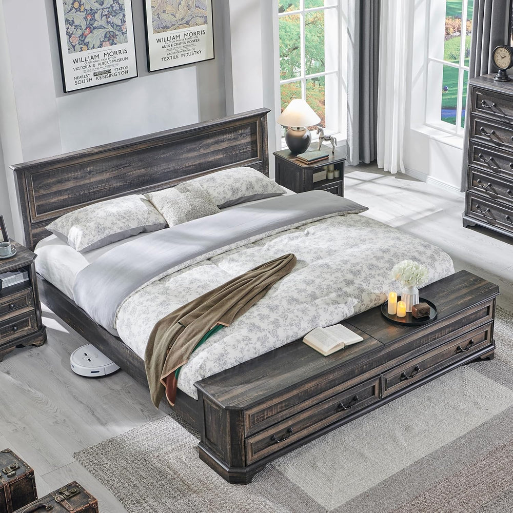 T4TREAM Farmhouse King Bed with Headboard and Storage Bench