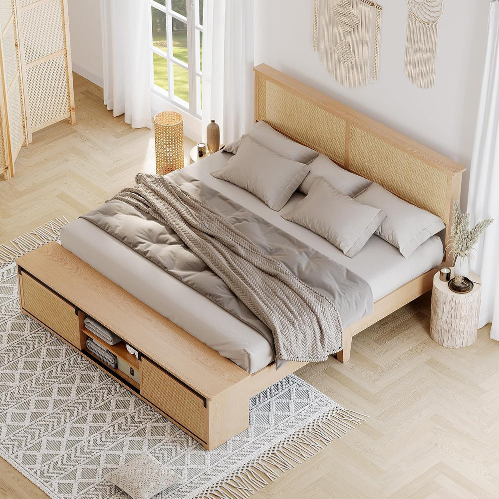 GarveeHome Natural Rattan Queen Size Bed Frame with Storage Cabinets