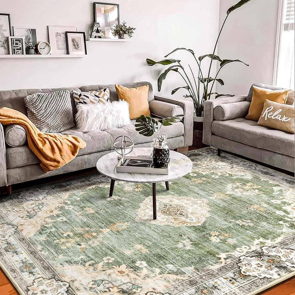 MUJOO Green Rug 8x10 Washable Area Rugs Non Slip Low-Pile Floral Large