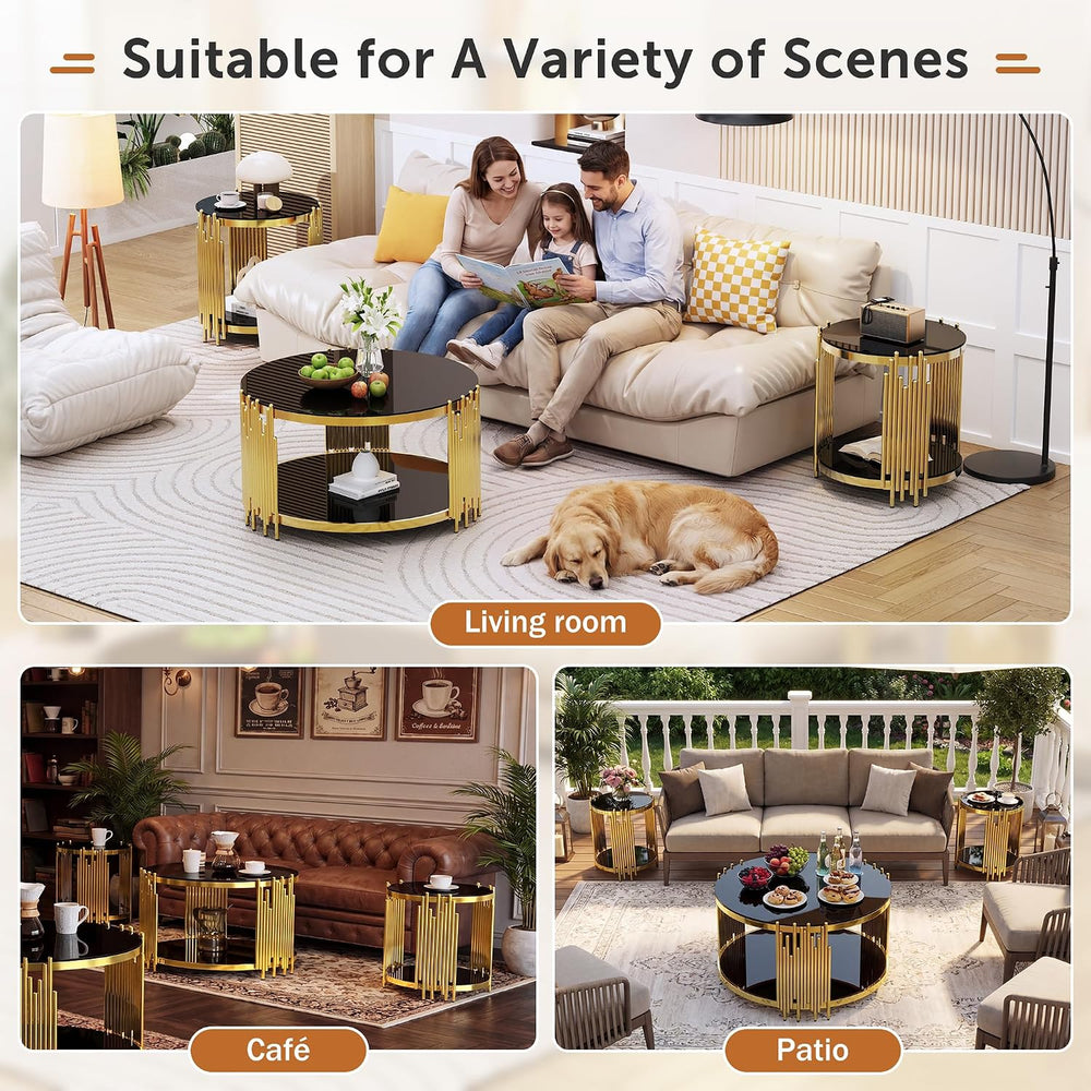 Luxury Gold Round Glass End Table, 19.7" Modern Side Table with Stainles...