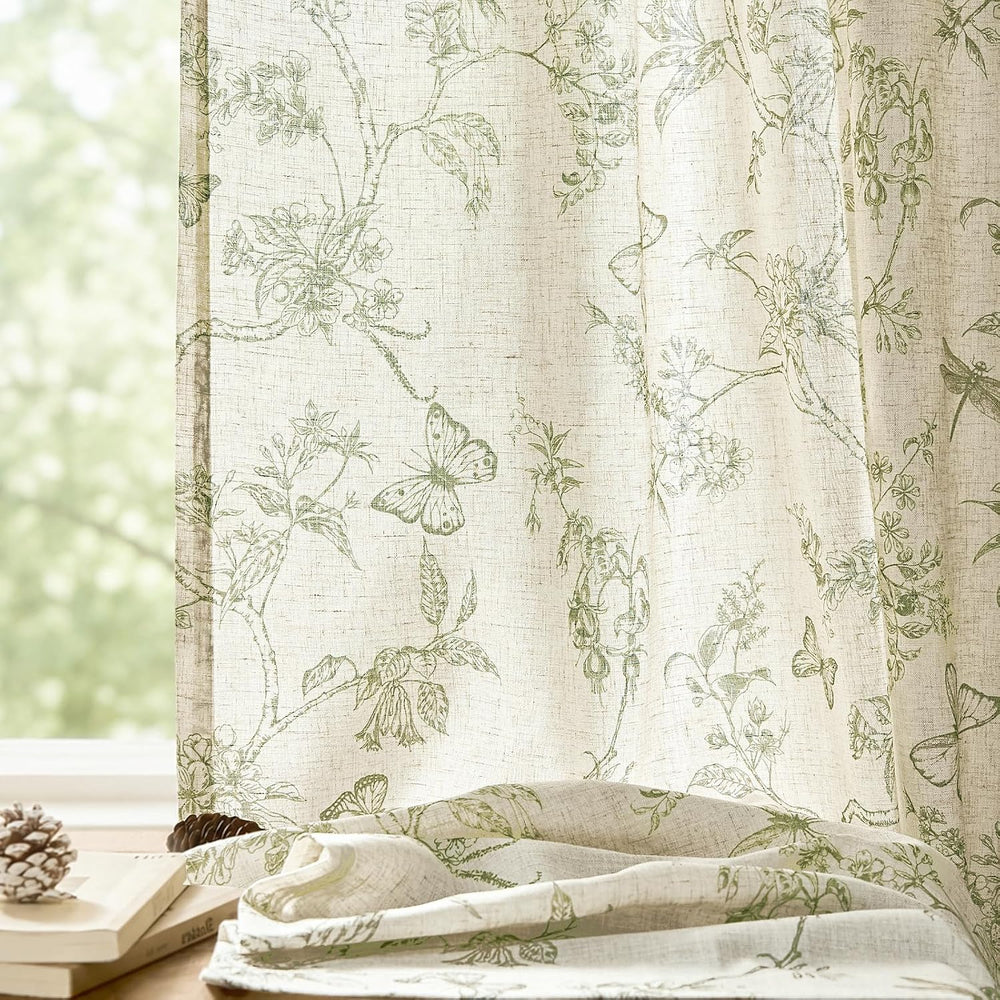 Lazzzy Green Floral Linen Curtains Farmhouse Rod Pocket 50W X 84L 2 Panels