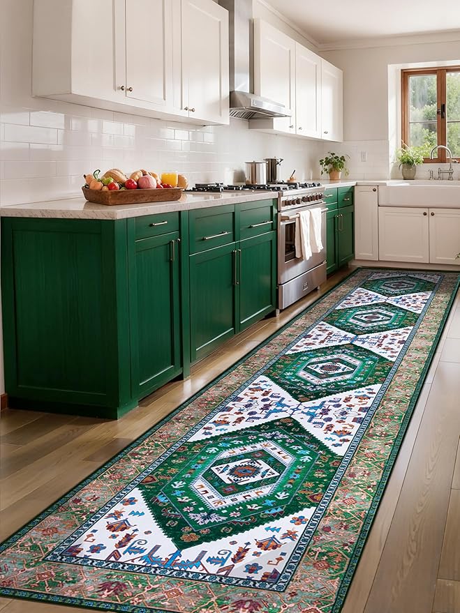 SERISSA Runner Rug for Hallways, Extra Long Boho Rug Ultra Soft Vintage Green