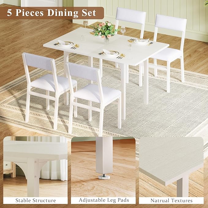 Dining Table Set for 4, Extendable Kitchen Table Cushion Chairs Set of 4, Rec...