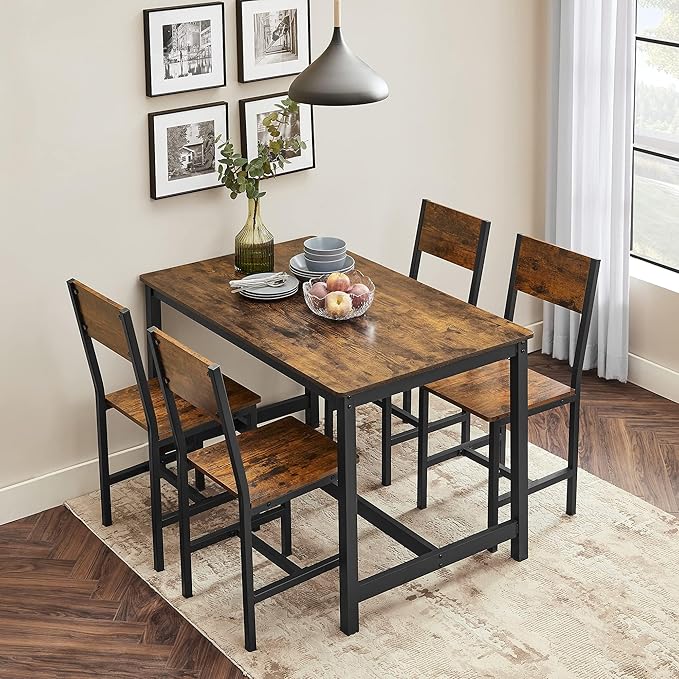 VASAGLE Dining Chair Set of 2, Rustic Wood Chairs with Metal Steel Frame, Eas...