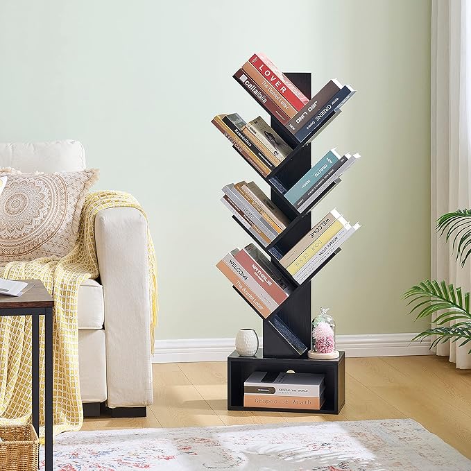 Hoctieon 6 Tier Tree Bookshelf, Tall Bookcase with Drawer, Freestanding Book ...