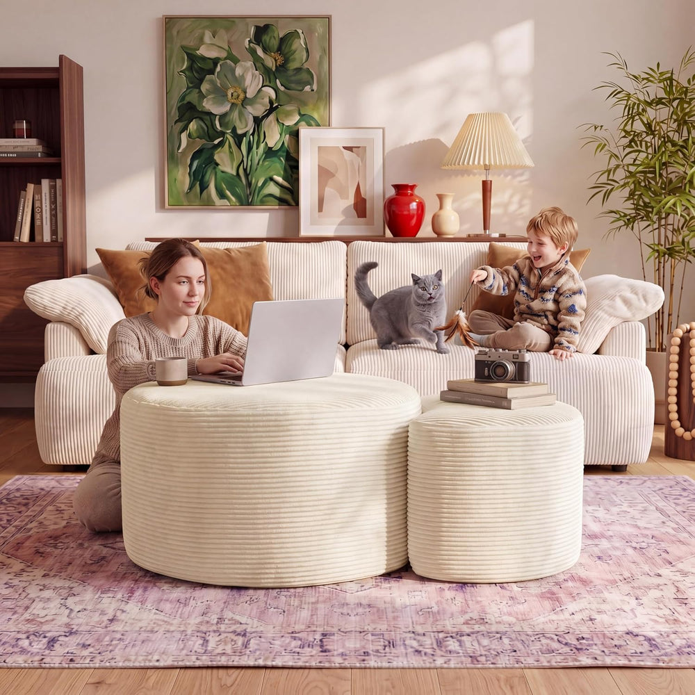 BSHOMGI Round Coffee Table Set of 2, Movable Ottoman for Corduroy Cloud Secti...