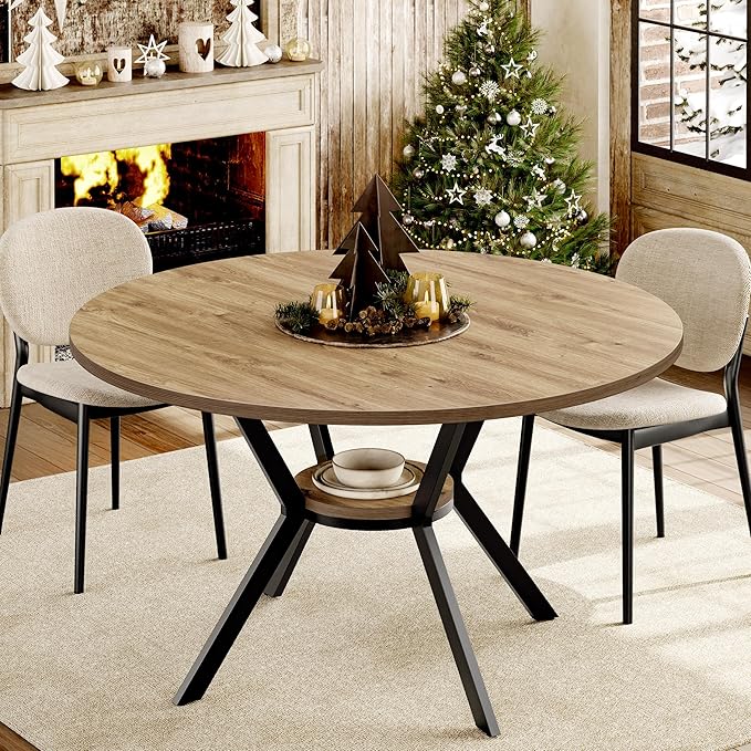 42 Inch Round Dining Table for 2–4, Farmhouse Round Kitchen Table with Storag...