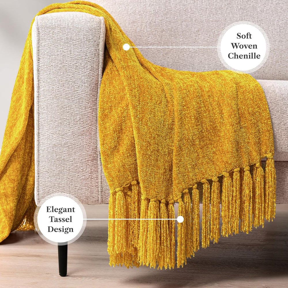 PAVILIA Chenille Throw Blanket, Knit Twin Size Tassel Throw, Yellow 60x80