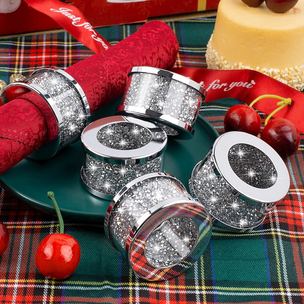 SHYFOY Silver Diamond Napkin Ring Set of 12 Pieces, Crystal Glass Framed Napk...