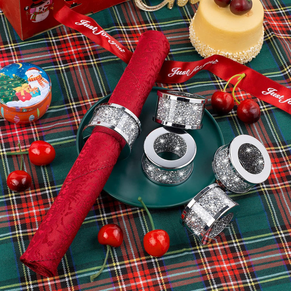 SHYFOY Silver Diamond Napkin Ring Set of 12 Pieces, Crystal Glass Framed Napk...