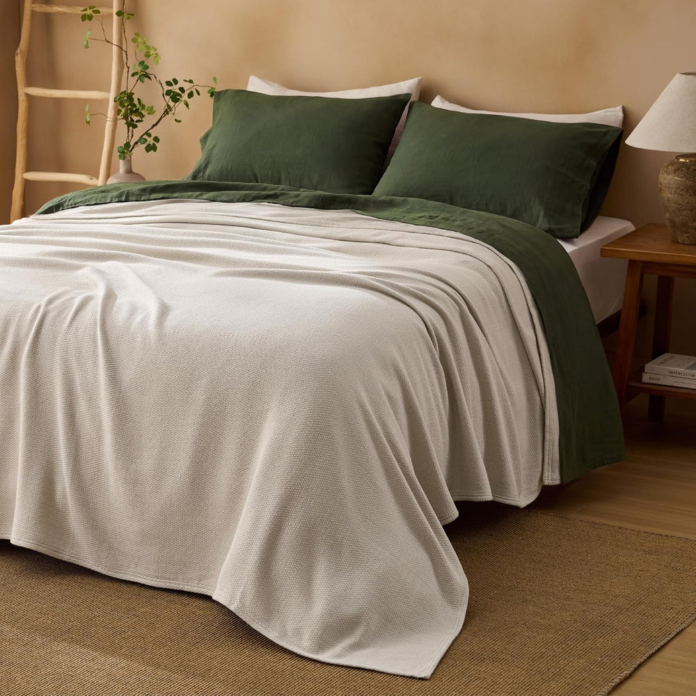 Bedsure 100% Cotton Blanket, Herringbone Weave, King, Linen Beige