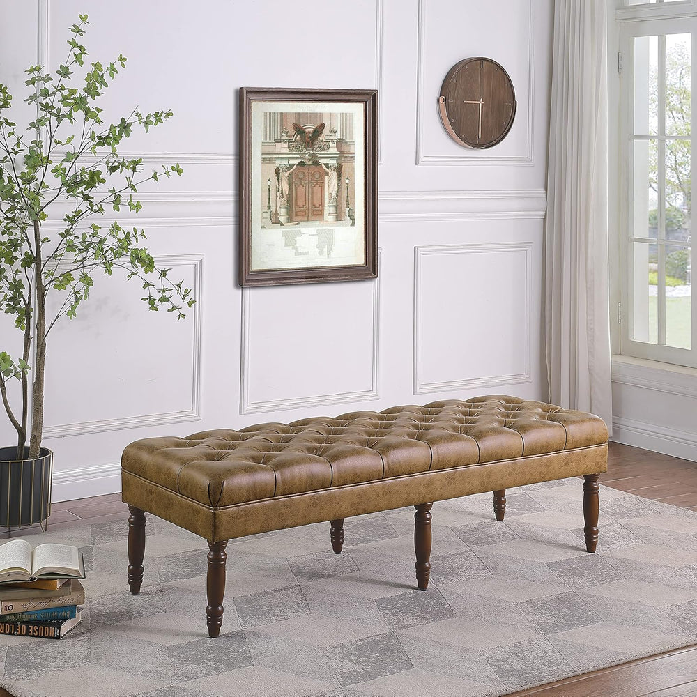 HomePop Tufted Decorative Bench, Light Brown Leather Large