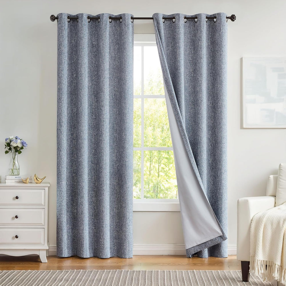 Navy Solid Full Blackout Curtain Heavy Linen Texture Window Treatment for Bed...
