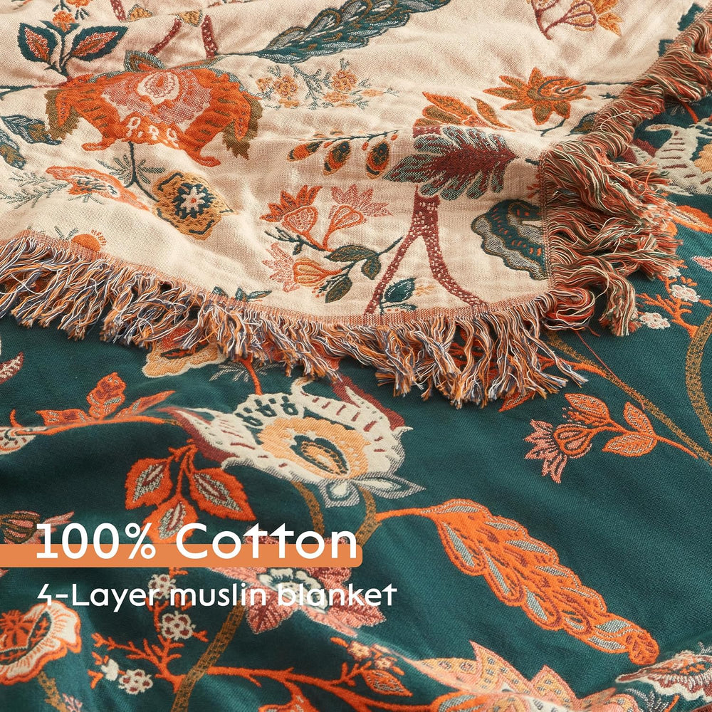 Boho Throw Blanket for Bed 60”x80”, 100% Cotton Blanket for Couch Sofa