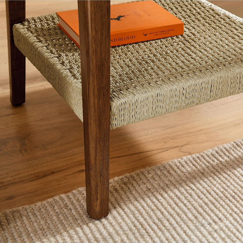 NewCosmos 23" Mid-Century Side Table with Woven Shelf, Boho Side Table w...