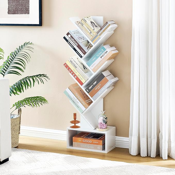 Hoctieon 6 Tier Tree Bookshelf, Tall Bookcase with Drawer, Freestanding Book ...