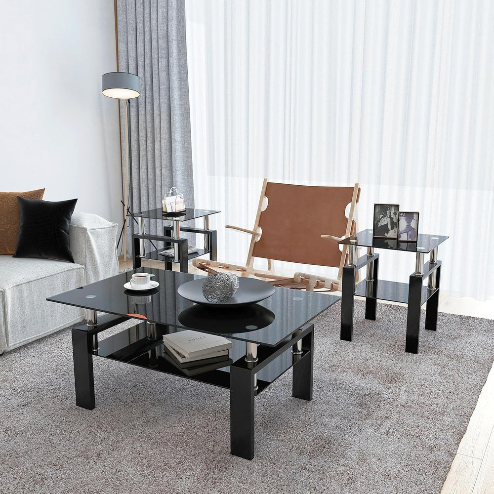 Living Room Tables Set,3 Piece Glass Coffee Table and End Tables Set with Tem...