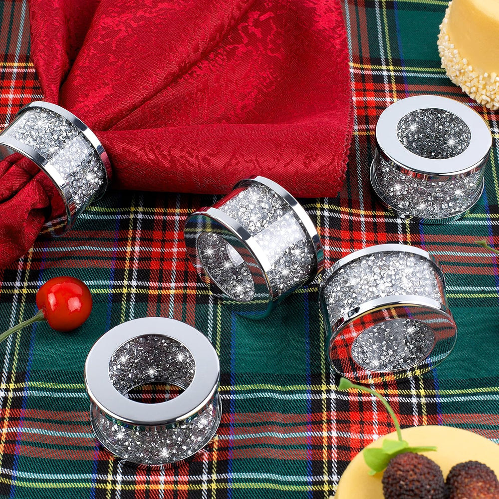 SHYFOY Silver Diamond Napkin Ring Set of 12 Pieces, Crystal Glass Framed Napk...